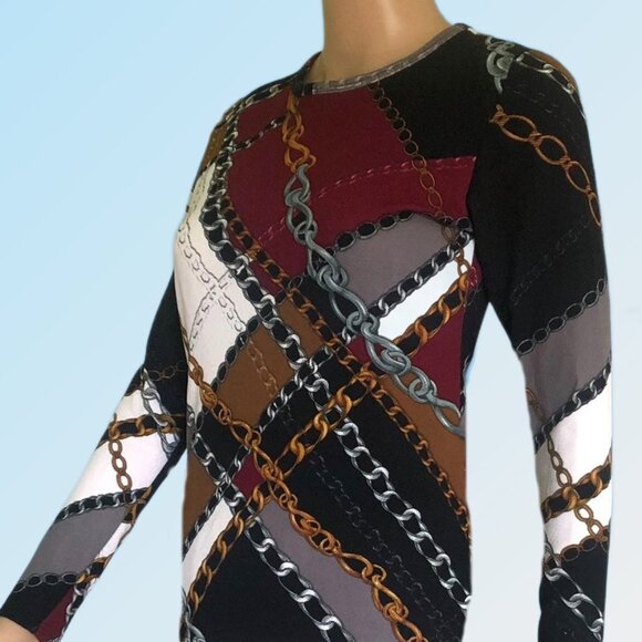 RIVA KAREN Chain Motifs Color Block Pattern Long Sleeve Tunic Size S - Picture 2 of 4